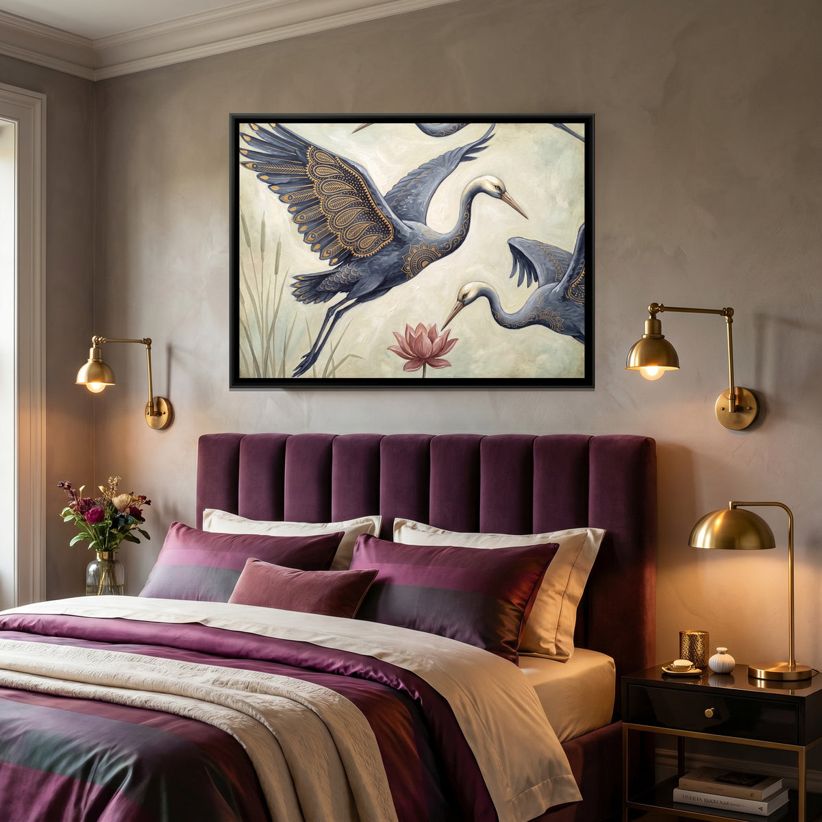 Cranes and Lotus — canvas art shown in a second room setting