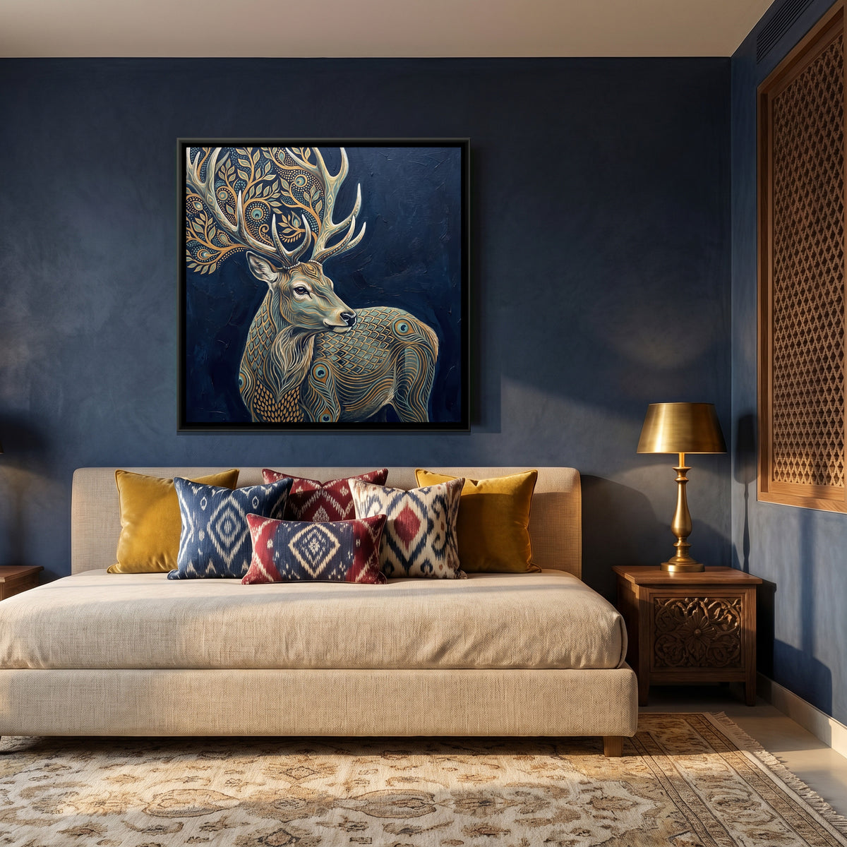 Stag — canvas art shown in a styled room