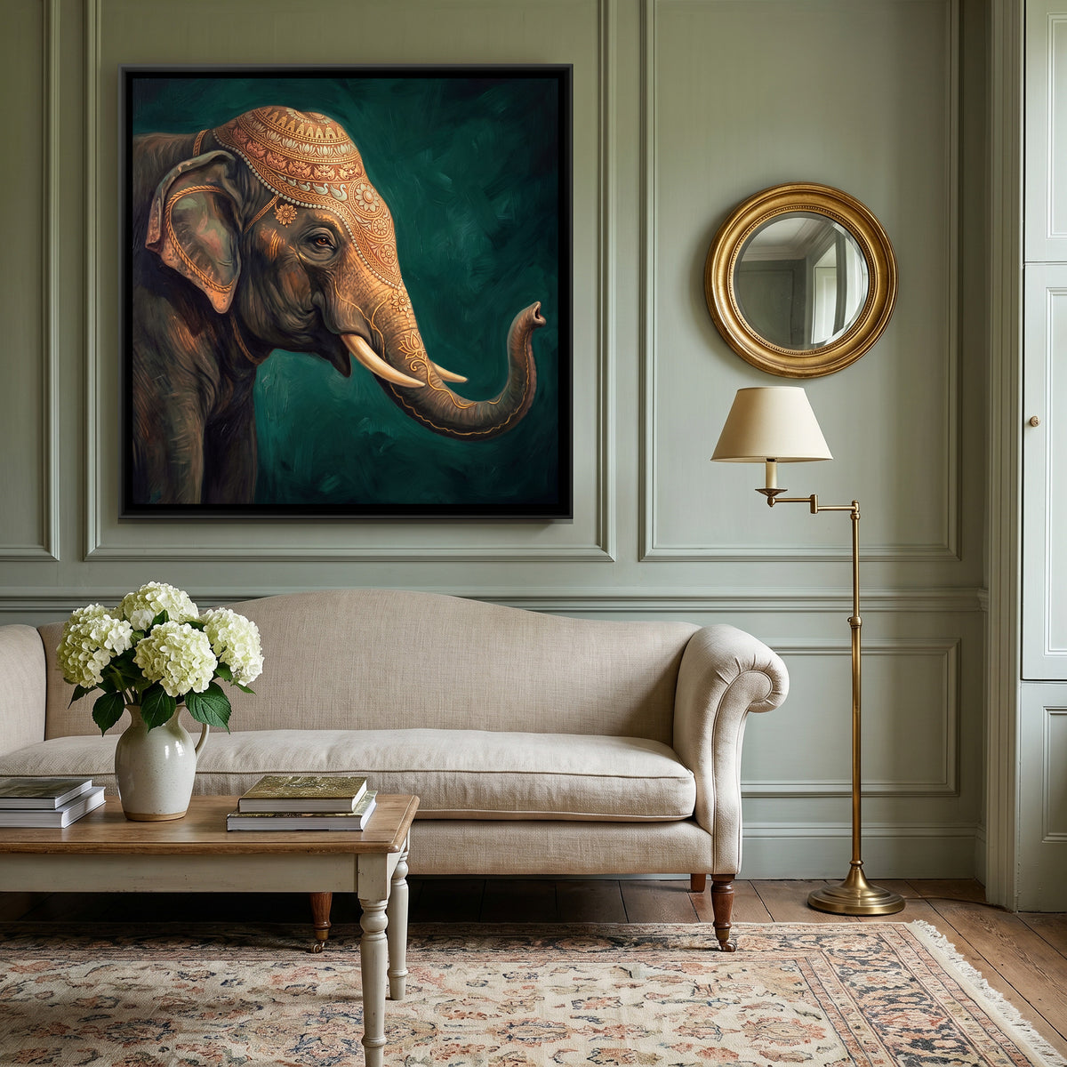 Elephant — canvas art shown in a second room setting