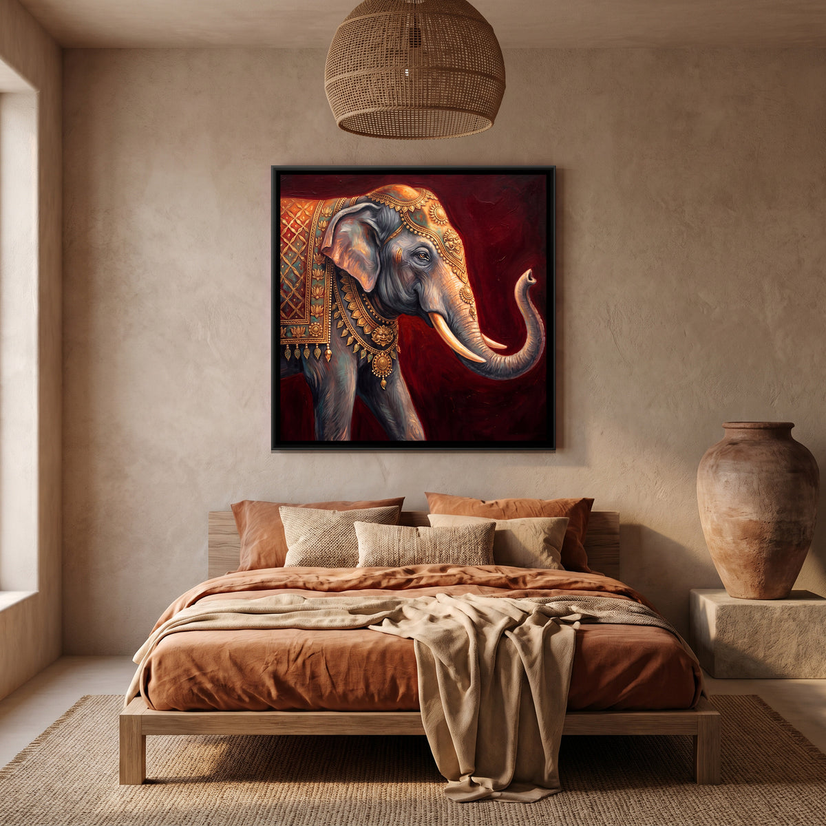 Elephant — canvas art shown in a styled room