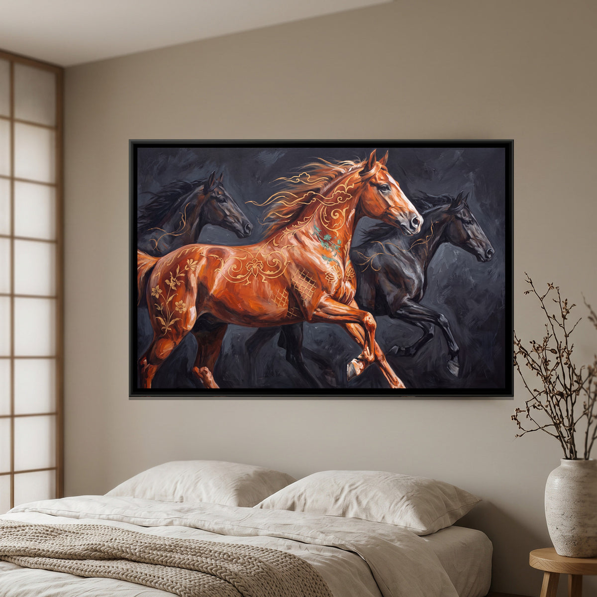 Galloping Horses — framed canvas art hung on a wall