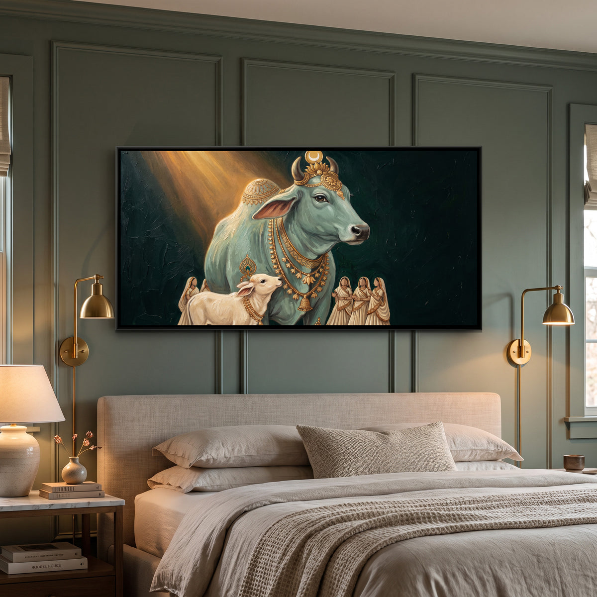 Kamadhenu with Gopis — canvas art shown in a styled room