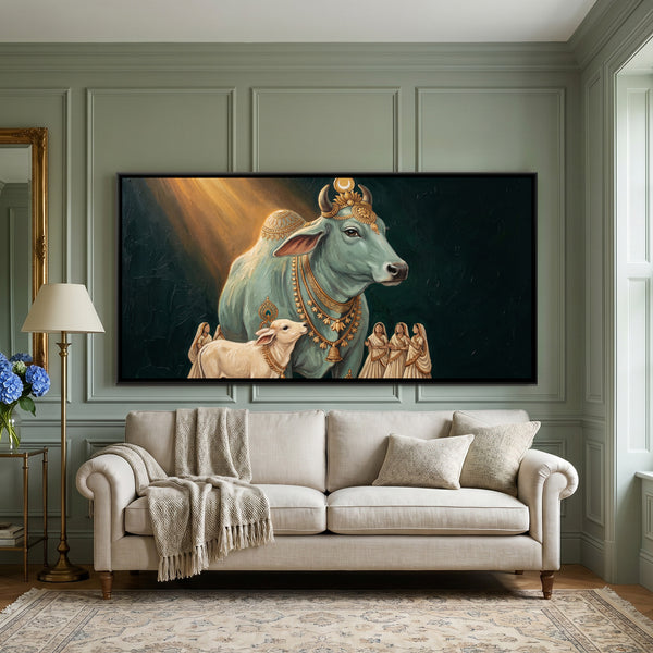 Kamadhenu with Gopis — framed canvas art hung on a wall
