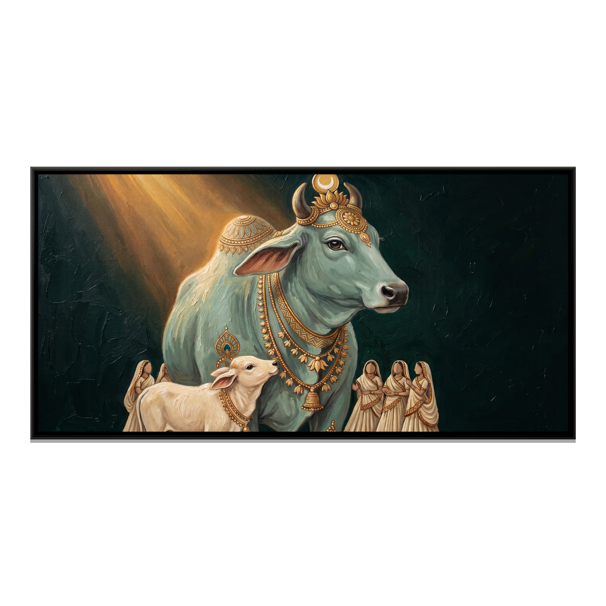 Kamadhenu with Gopis — framed canvas print, front view