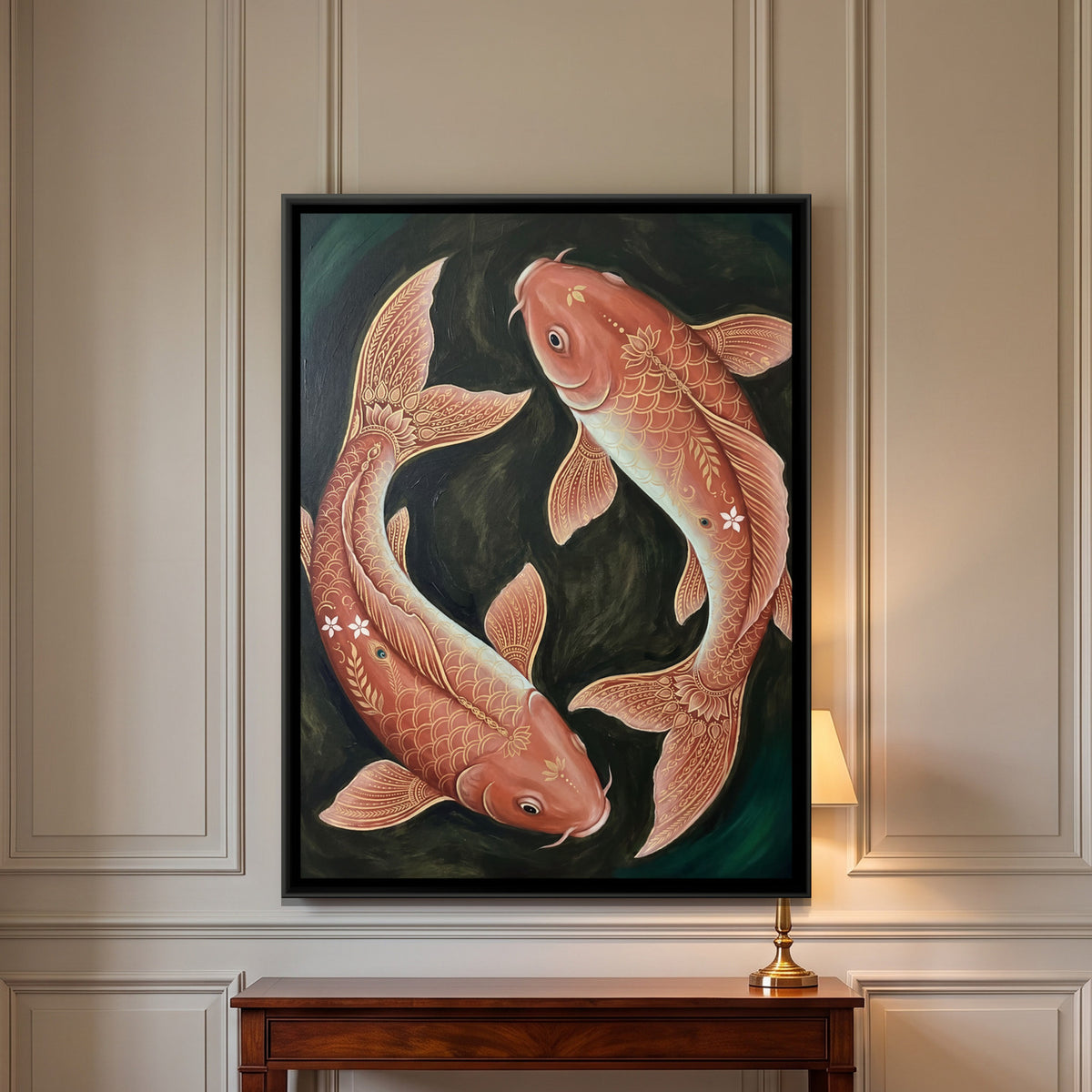 Koi Fish Pair — framed canvas art hung on a wall