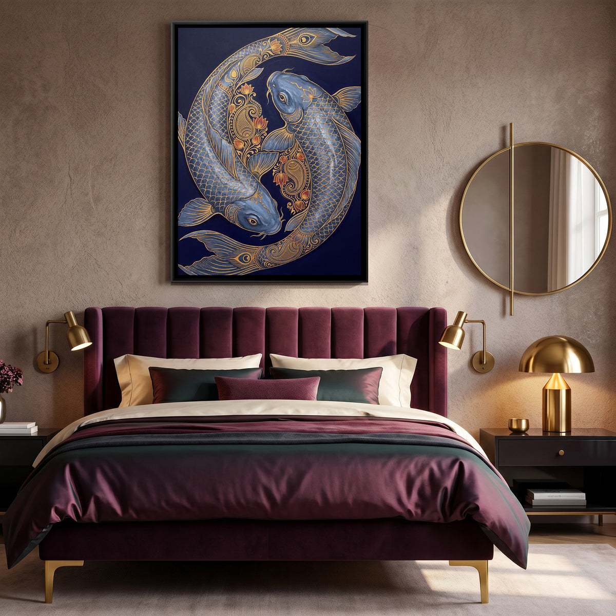 Koi Fish Pair — canvas art shown in a styled room