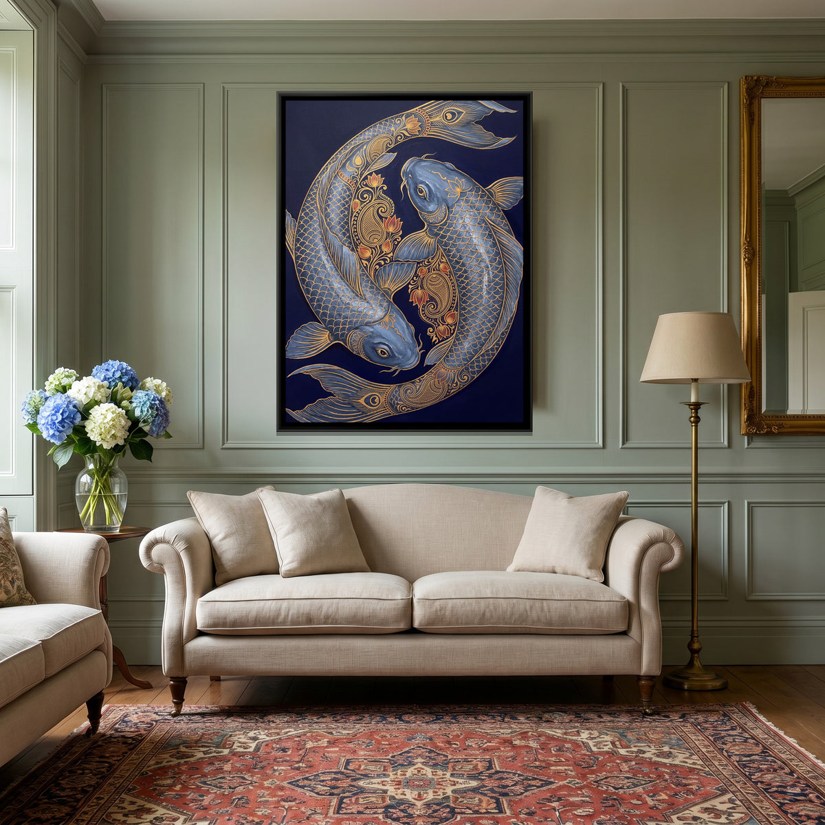 Koi Fish Pair — canvas art shown in a second room setting