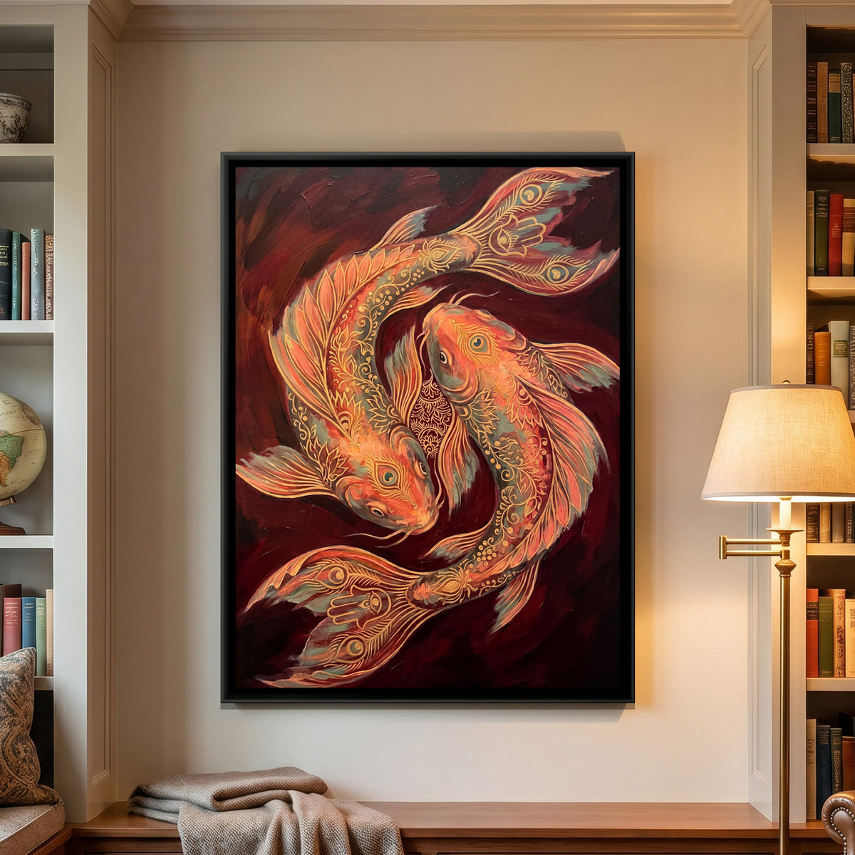 Koi Fish Pair — framed canvas art hung on a wall