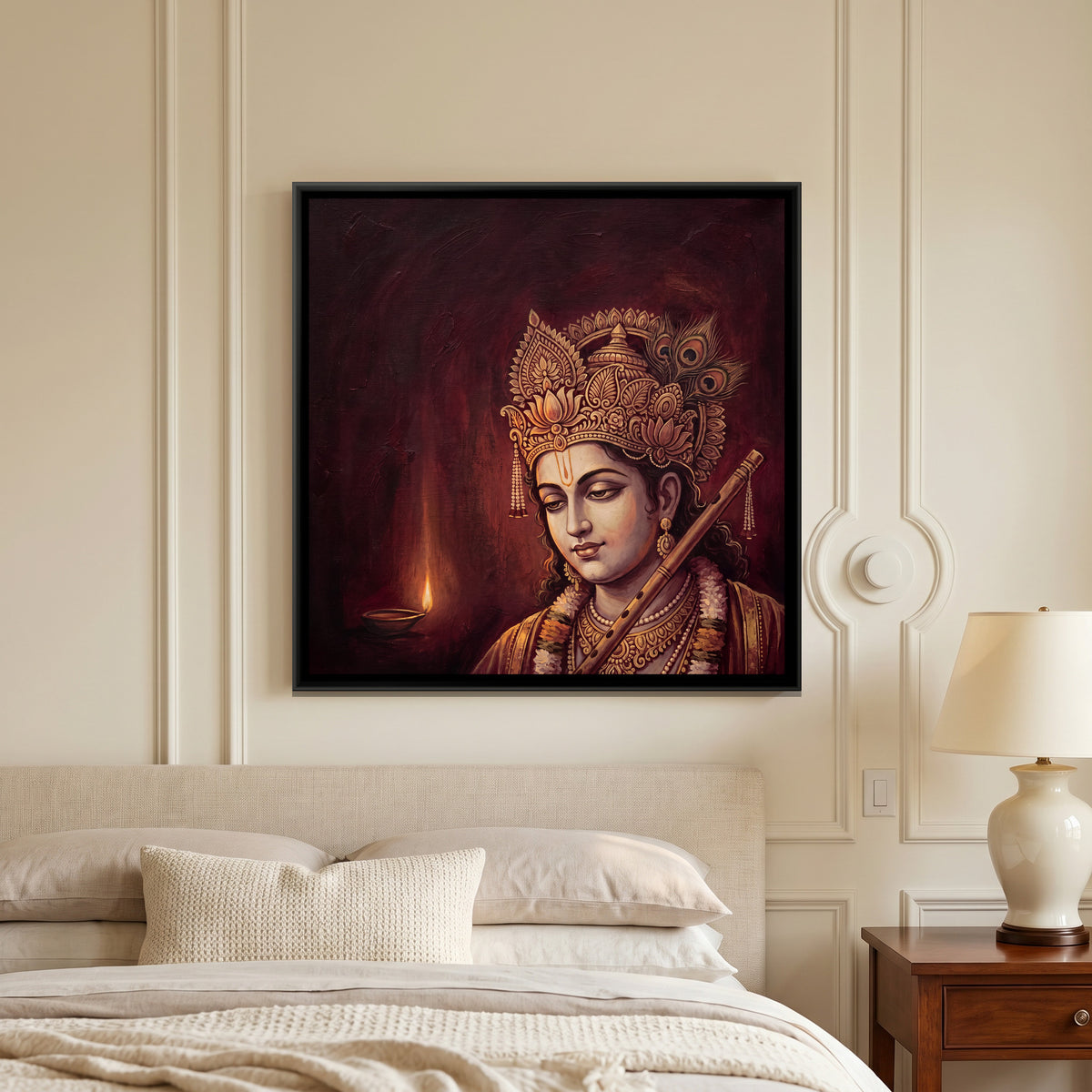 Shri Krishna — canvas art shown in a second room setting