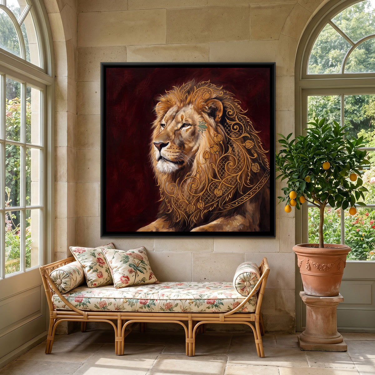 Lion — canvas art shown in a styled room