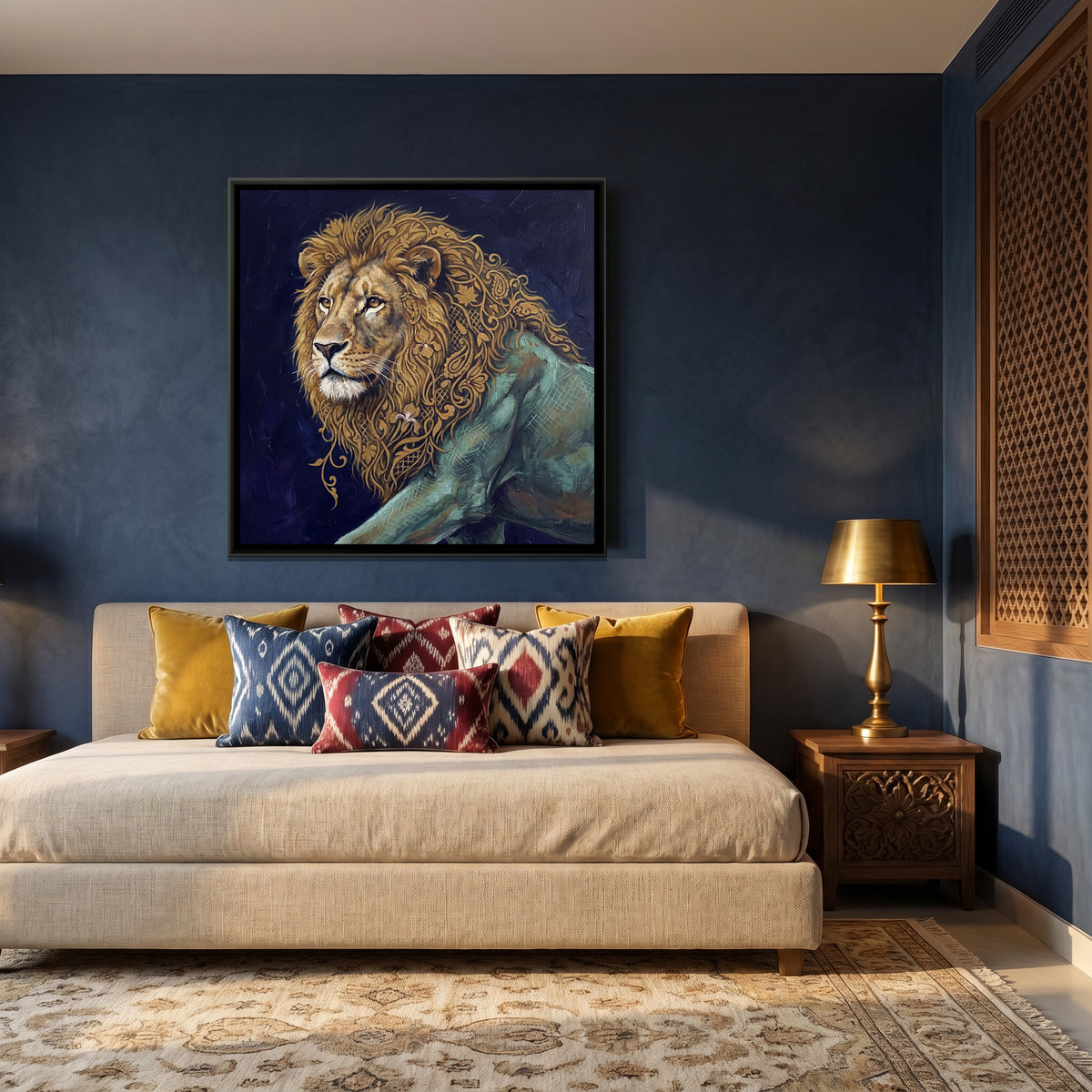 Lion — canvas art shown in a styled room