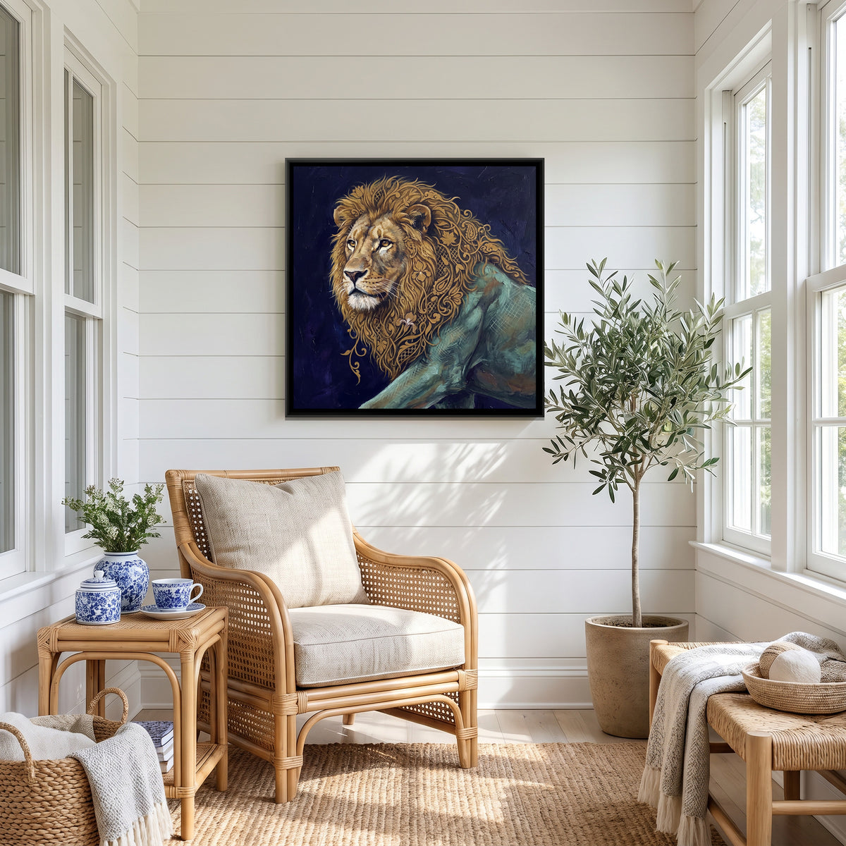 Lion — canvas art shown in a second room setting