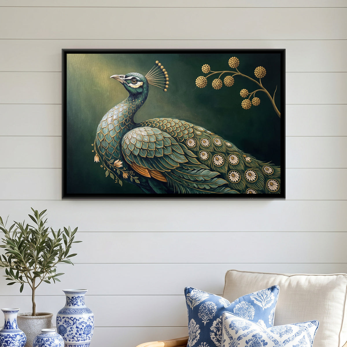 Pichwai Peacock Garden — framed canvas art hung on a wall