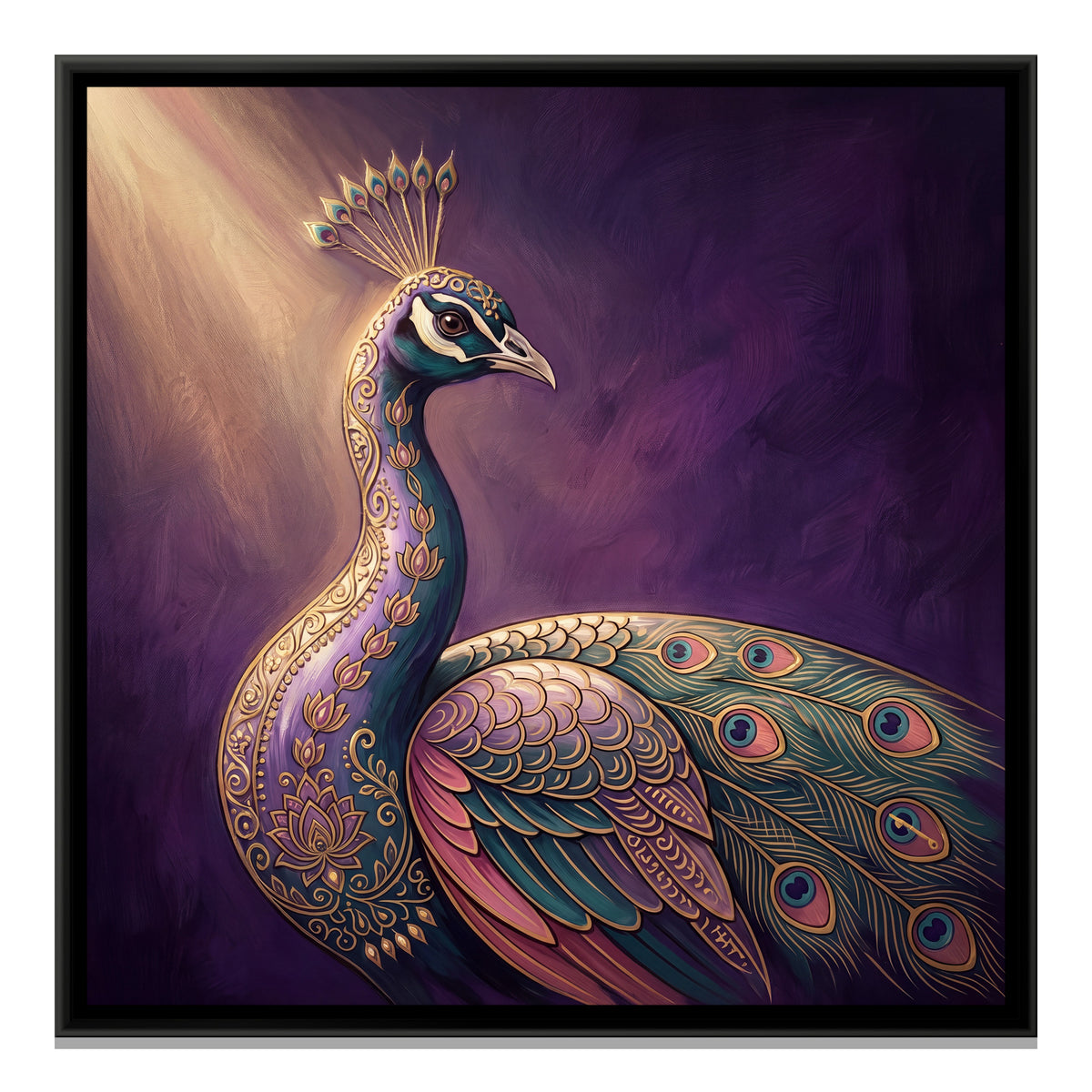 Pichwai Peacock — framed canvas print, front view