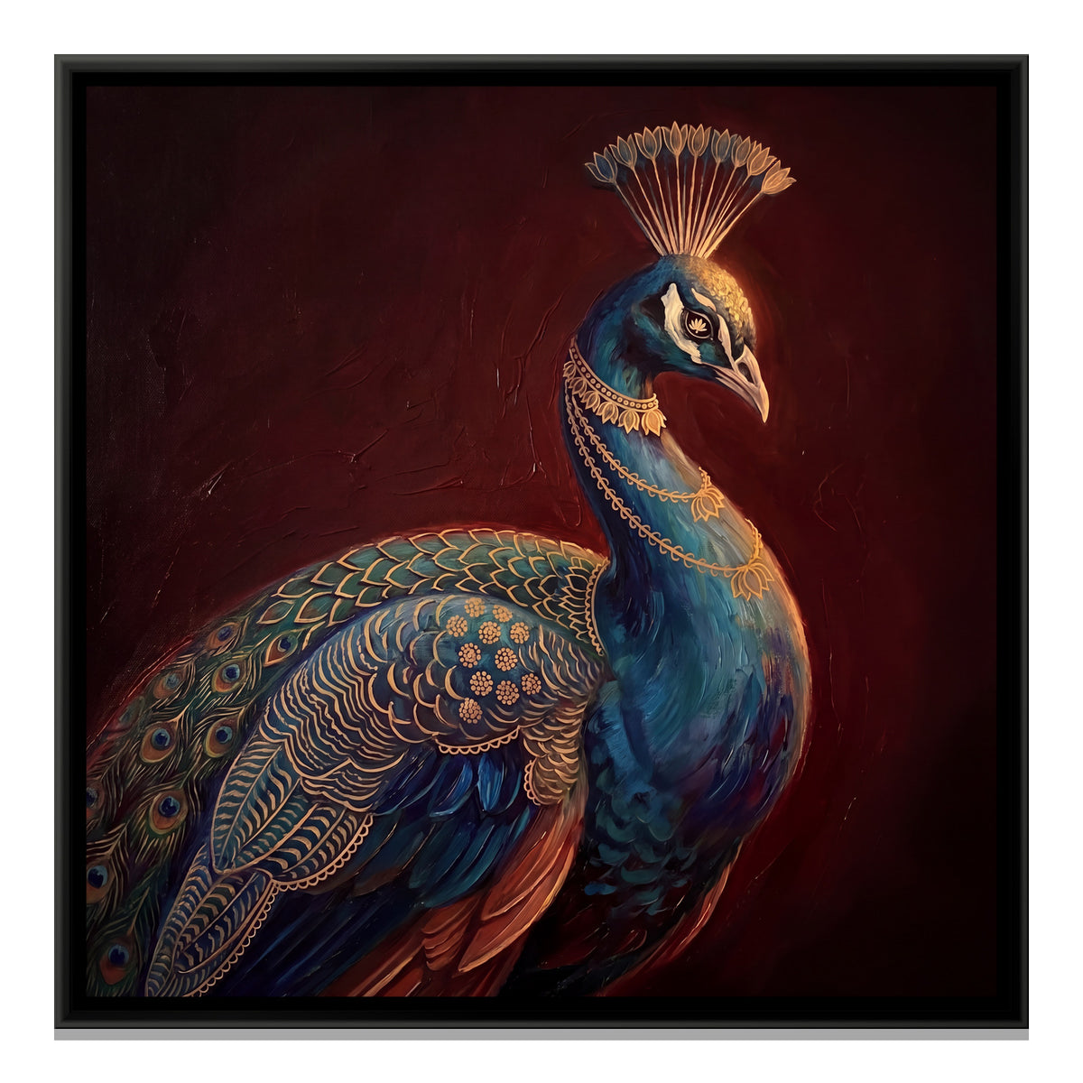 Pichwai Peacock — framed canvas print, front view