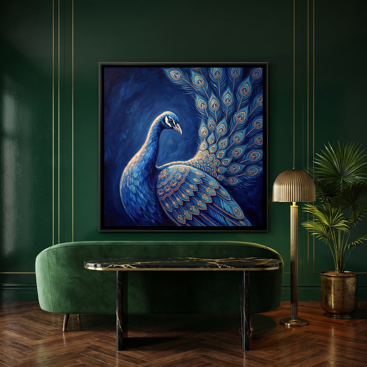 Pichwai Peacock — canvas art shown in a styled room
