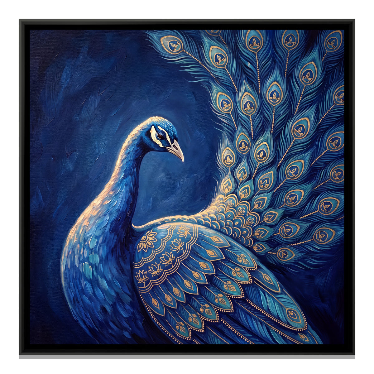 Pichwai Peacock — framed canvas print, front view