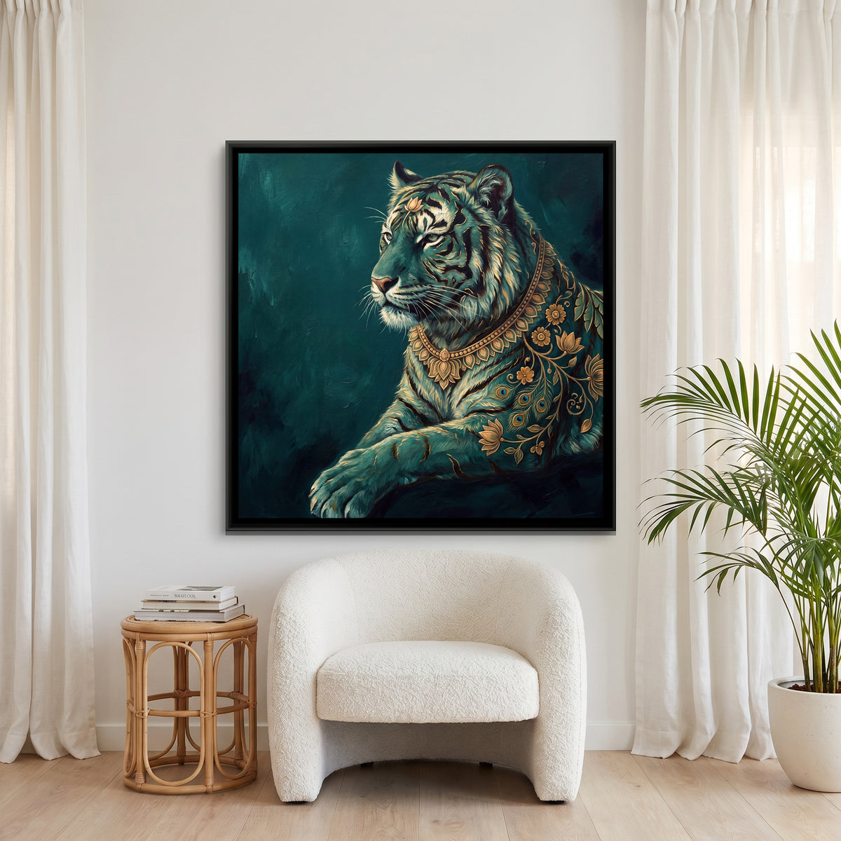 Tiger Portrait — canvas art shown in a second room setting