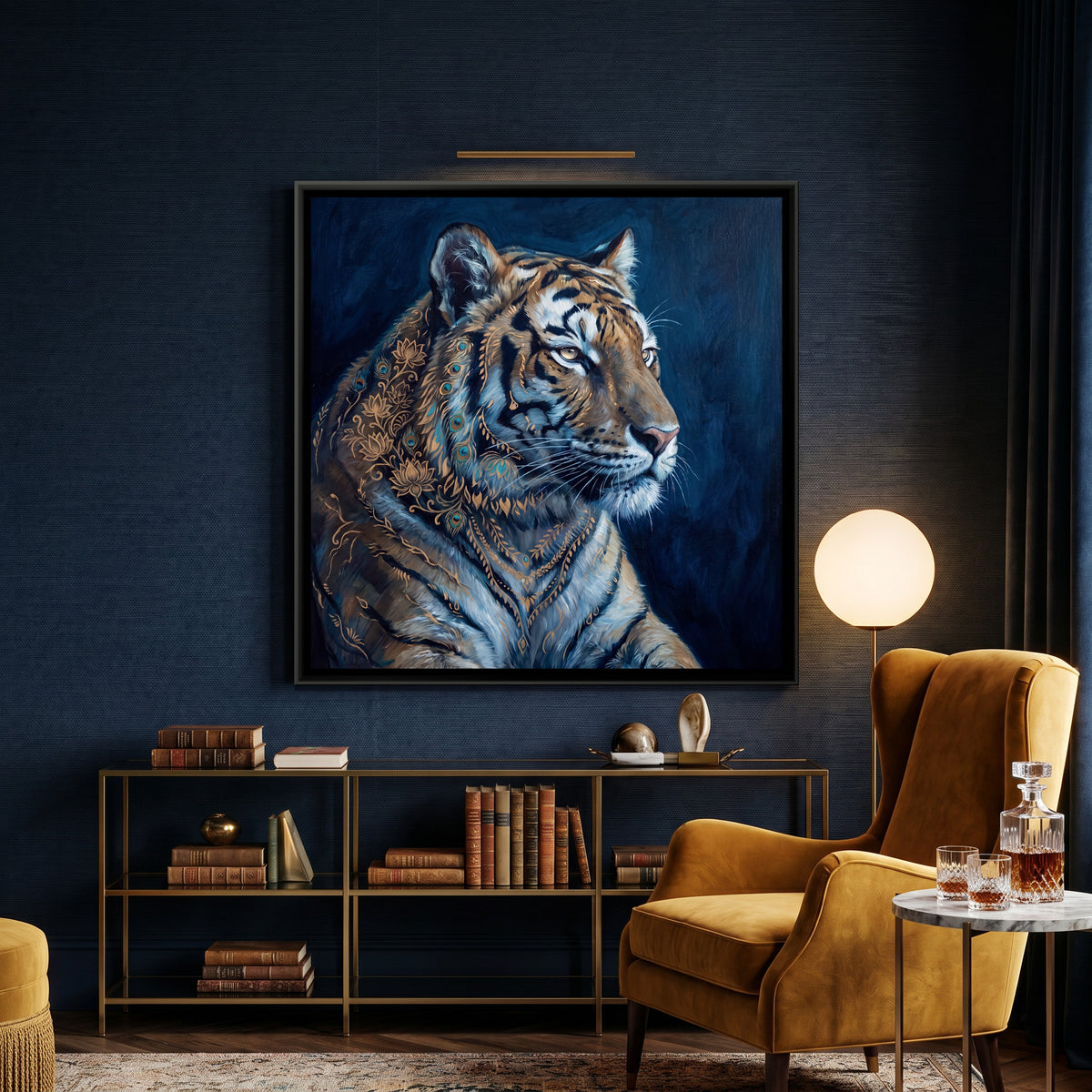 Tiger Portrait — canvas art shown in a styled room