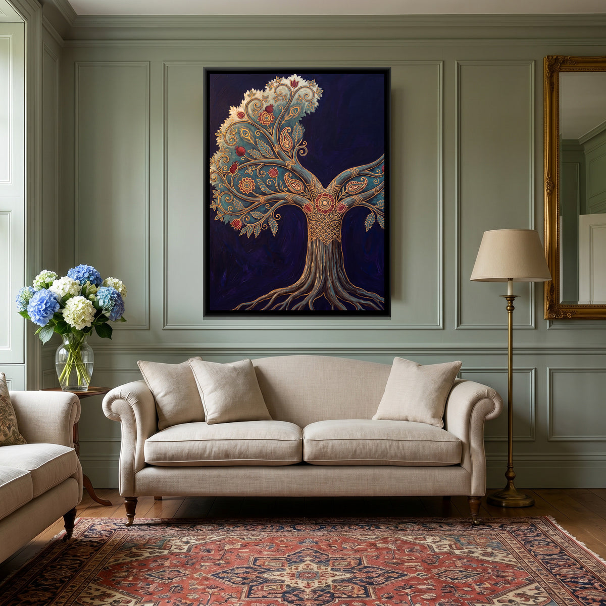 Kalamkari Tree of Life — canvas art shown in a second room setting