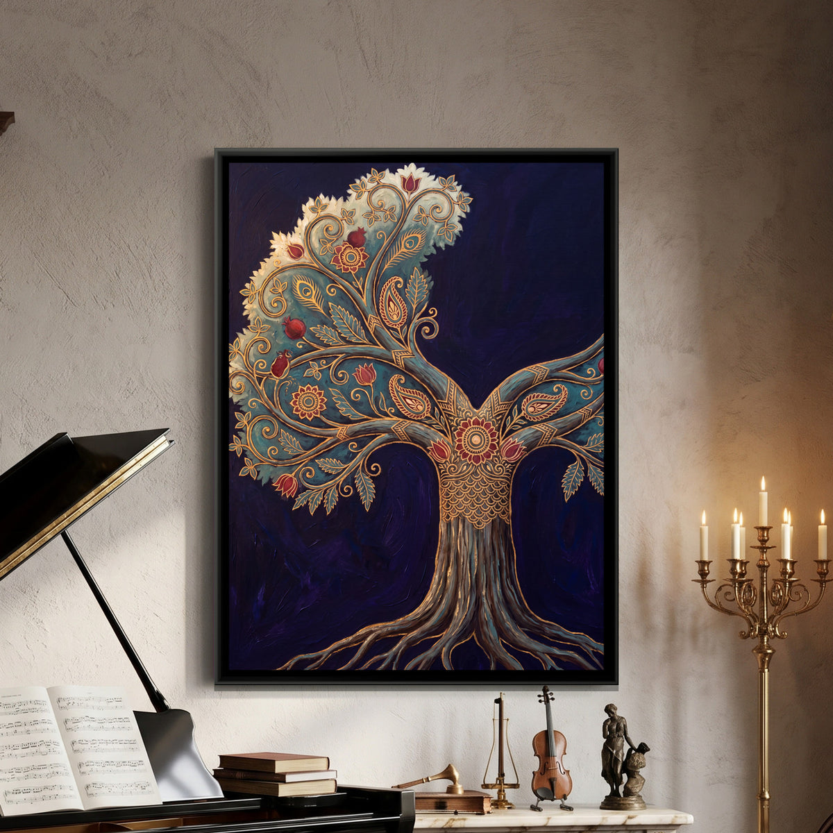 Kalamkari Tree of Life — framed canvas art hung on a wall