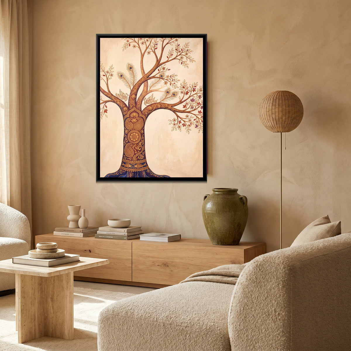 Kalamkari Tree of Life — canvas art shown in a styled room