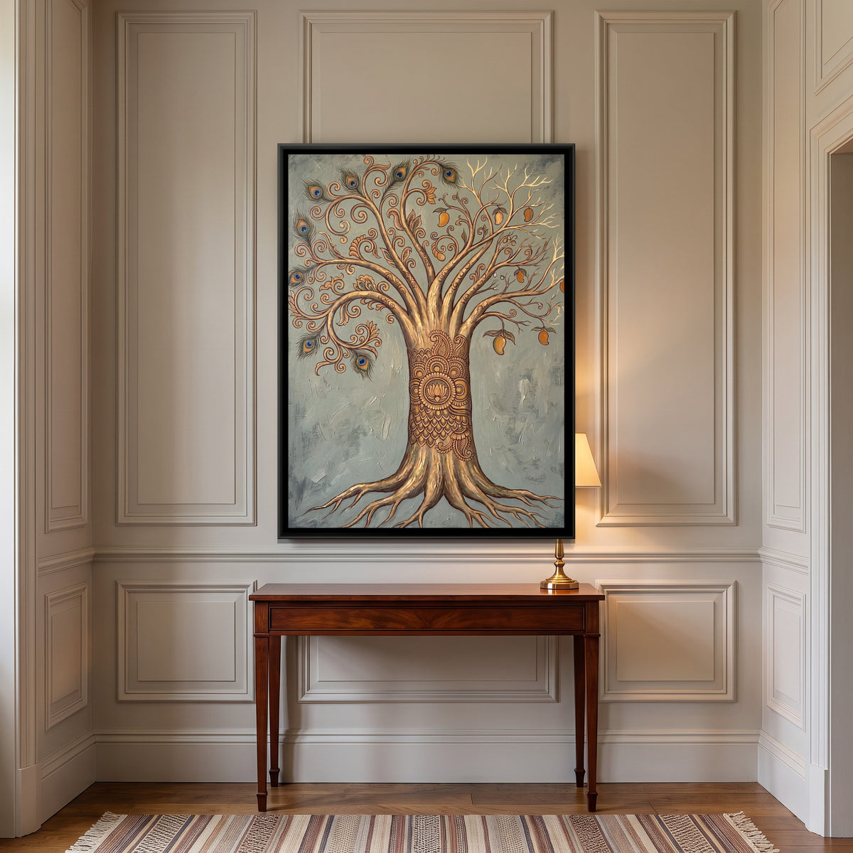 Kalamkari Tree of Life — canvas art shown in a second room setting