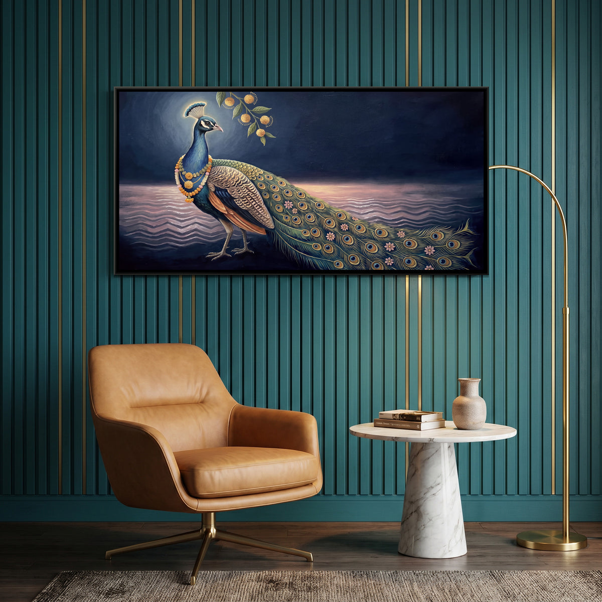 Pichwai Peacock by Moonlight — canvas art shown in a second room setting