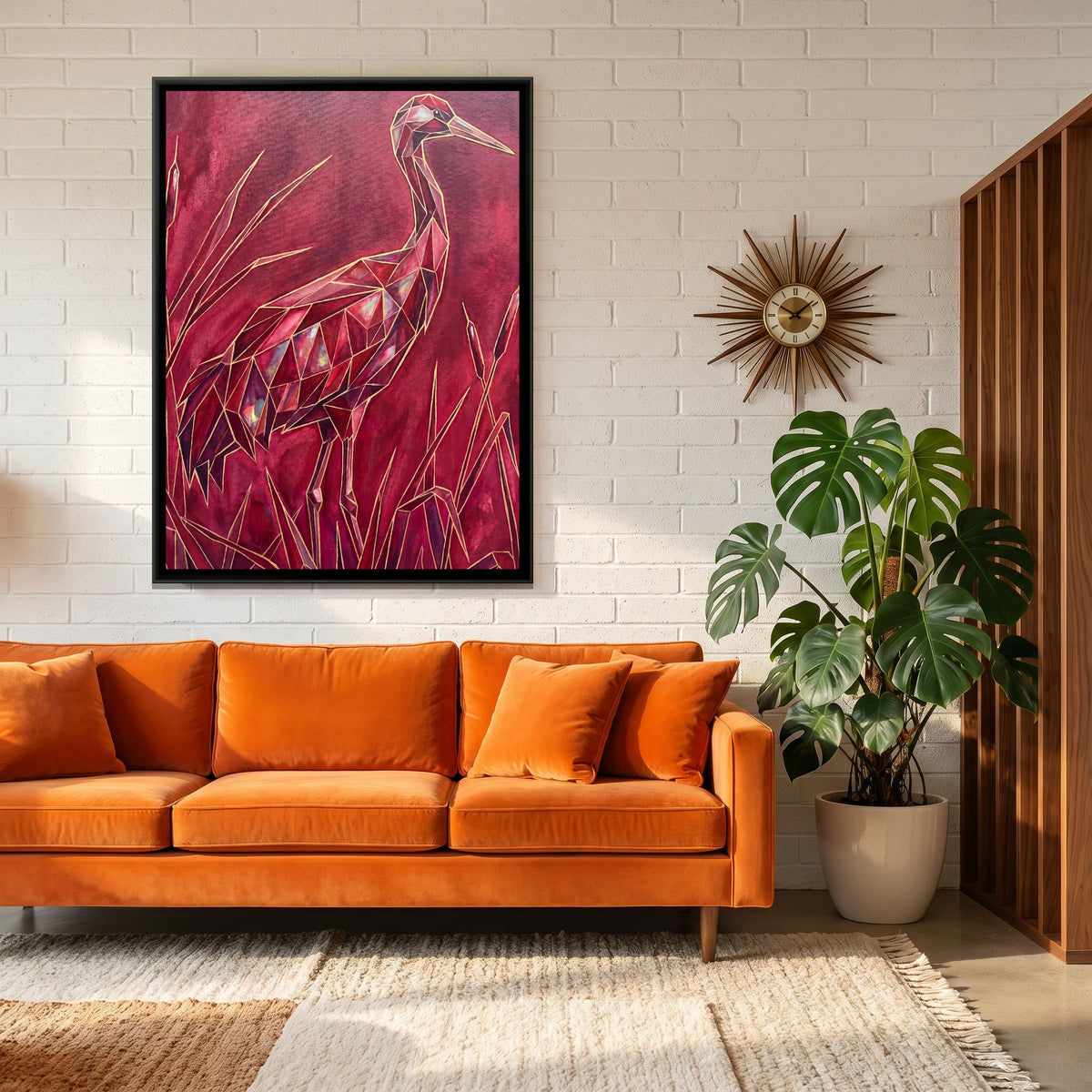 Crane — canvas art shown in a styled room