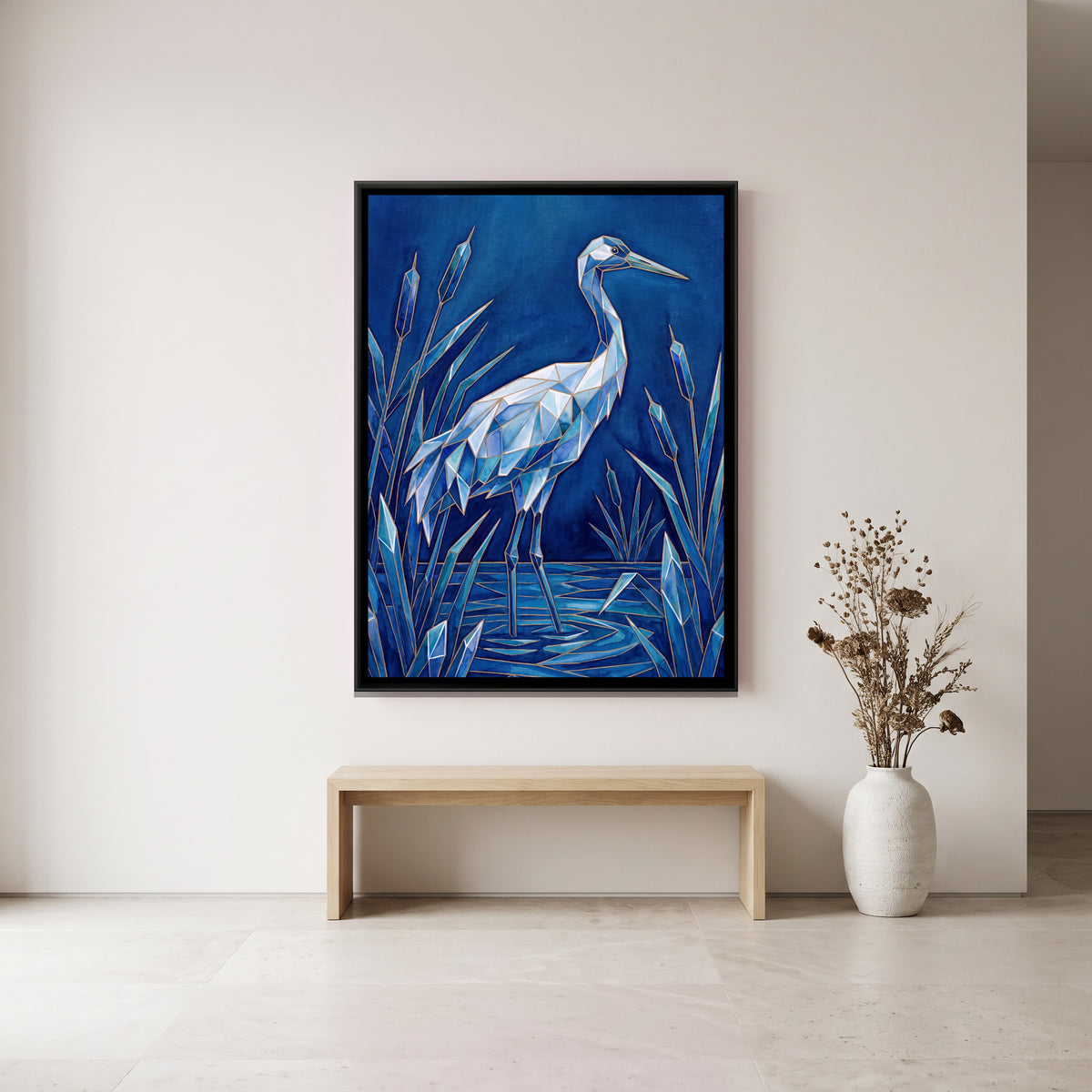 Crane — canvas art shown in a styled room