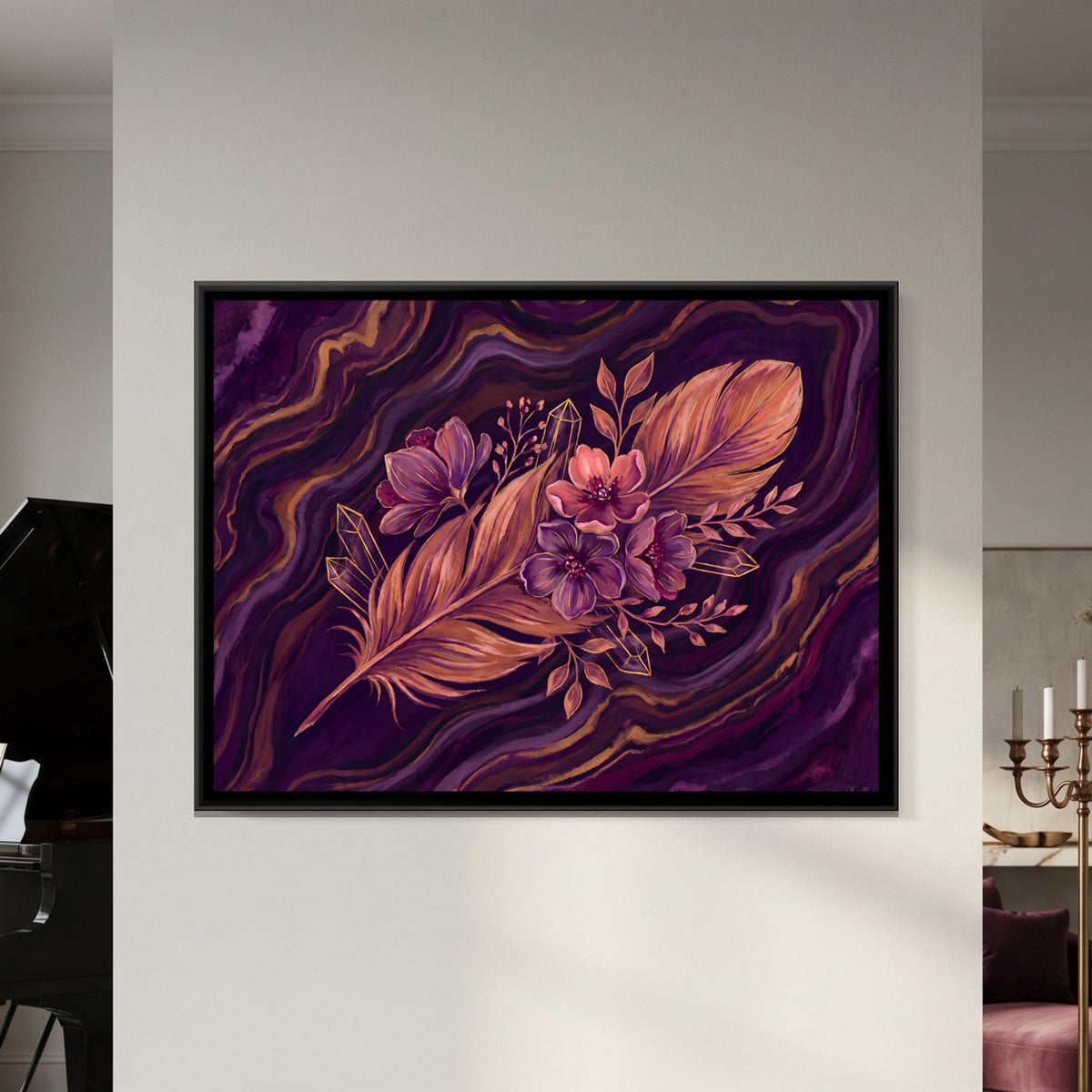 Feather and Flowers — framed canvas art hung on a wall