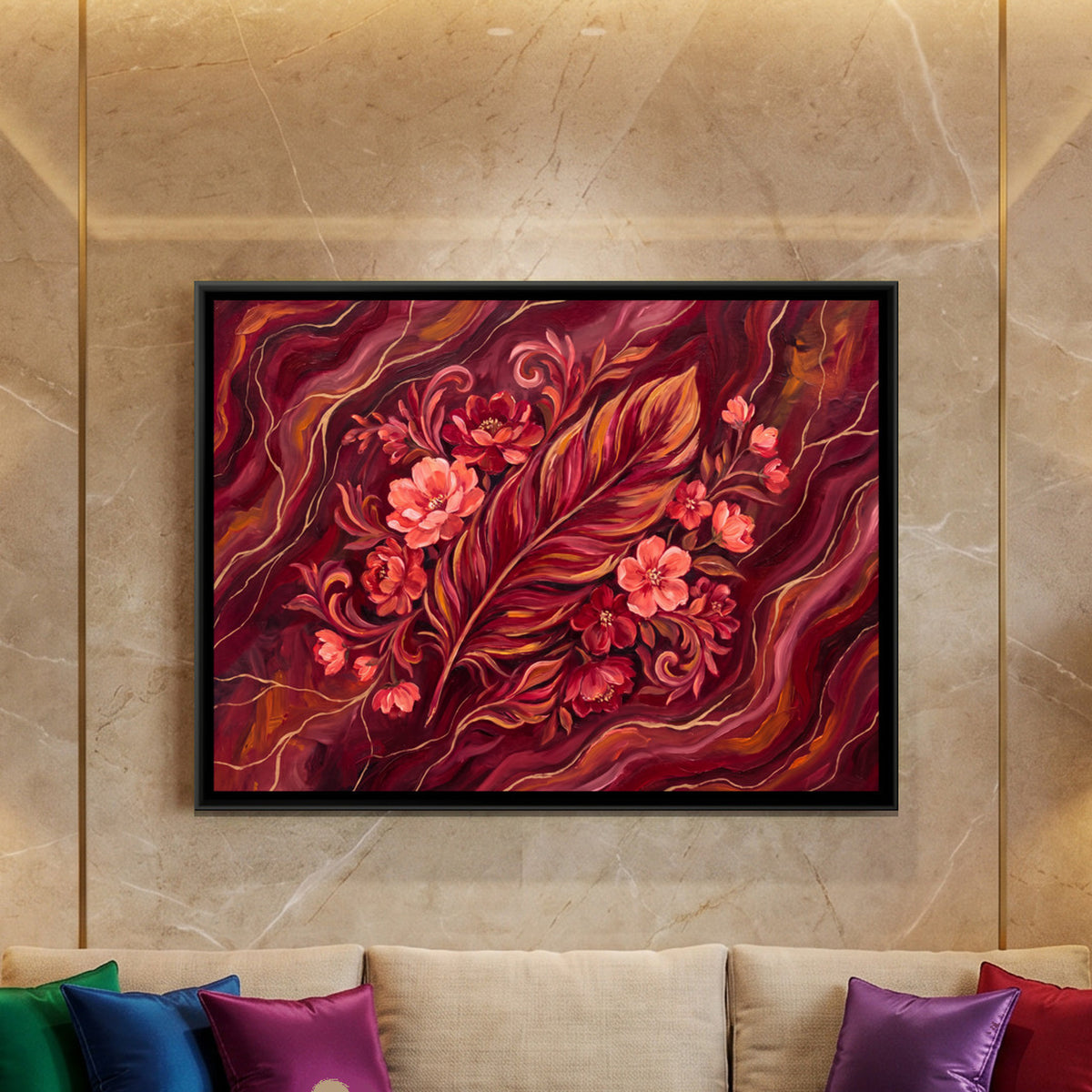 Feather and Flowers — framed canvas art hung on a wall