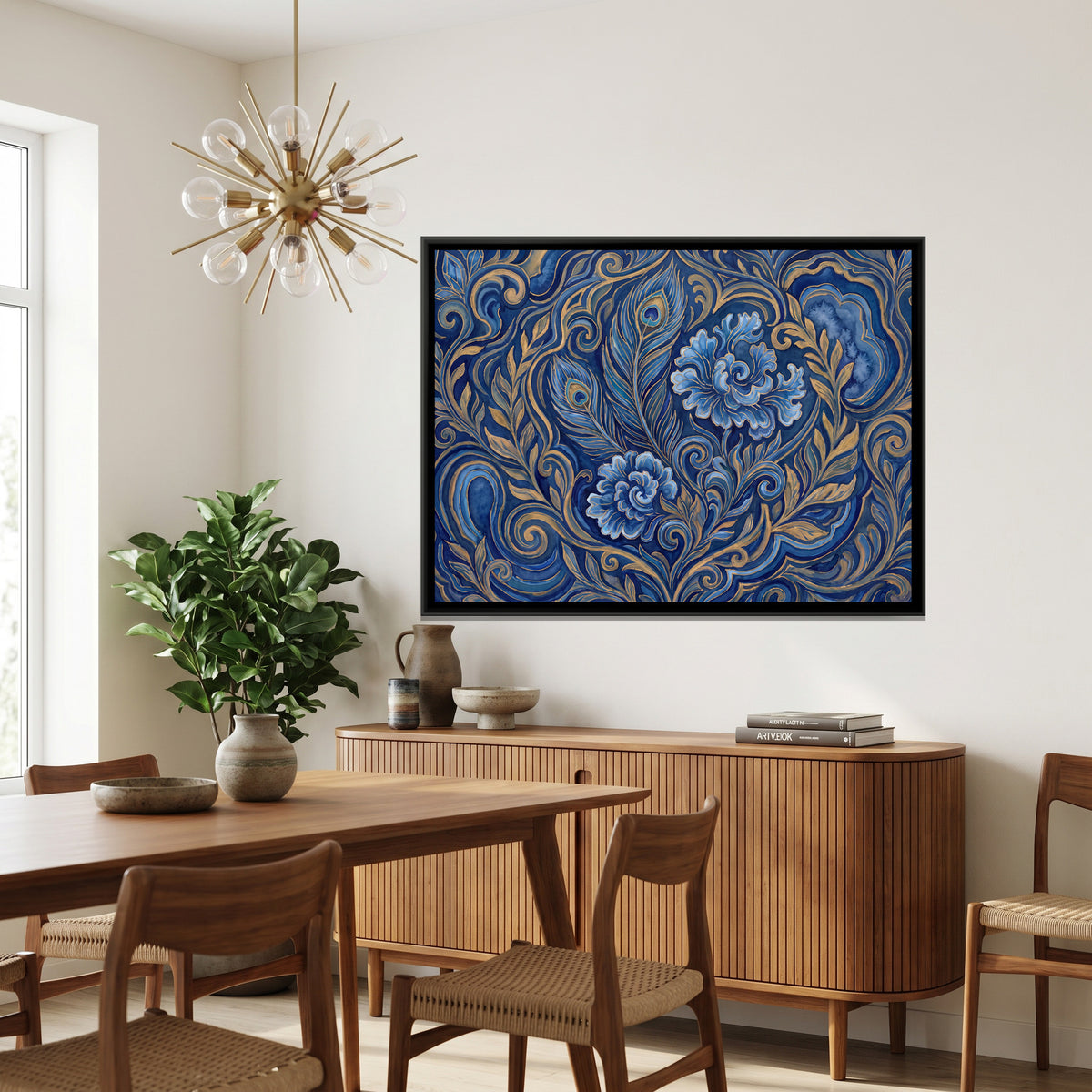 Feather and Flowers — canvas art shown in a styled room