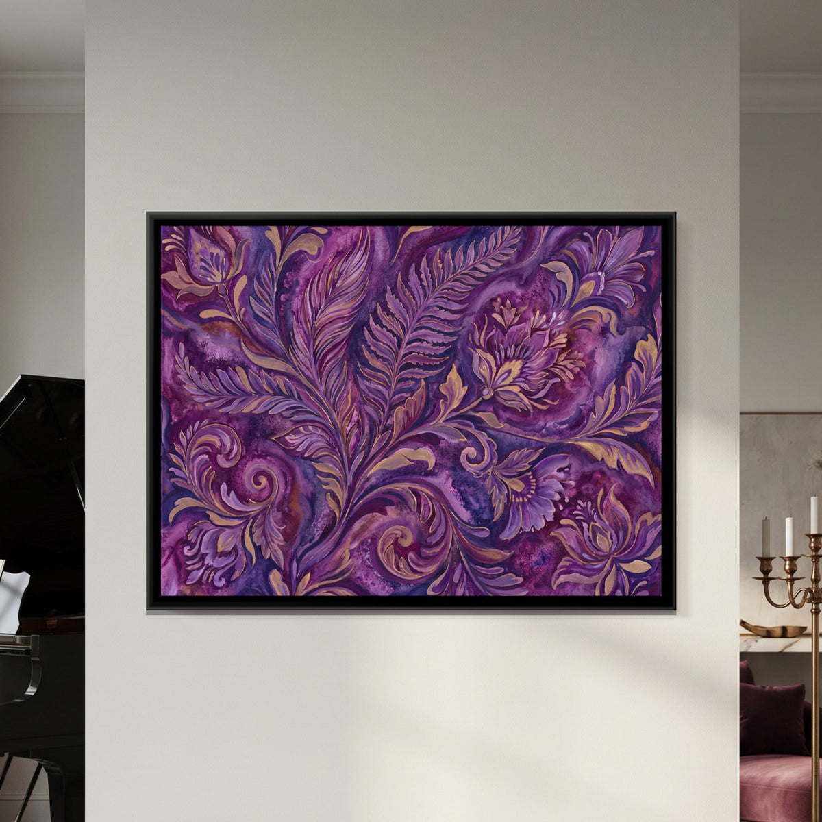 Ferns and Flowers — framed canvas art hung on a wall