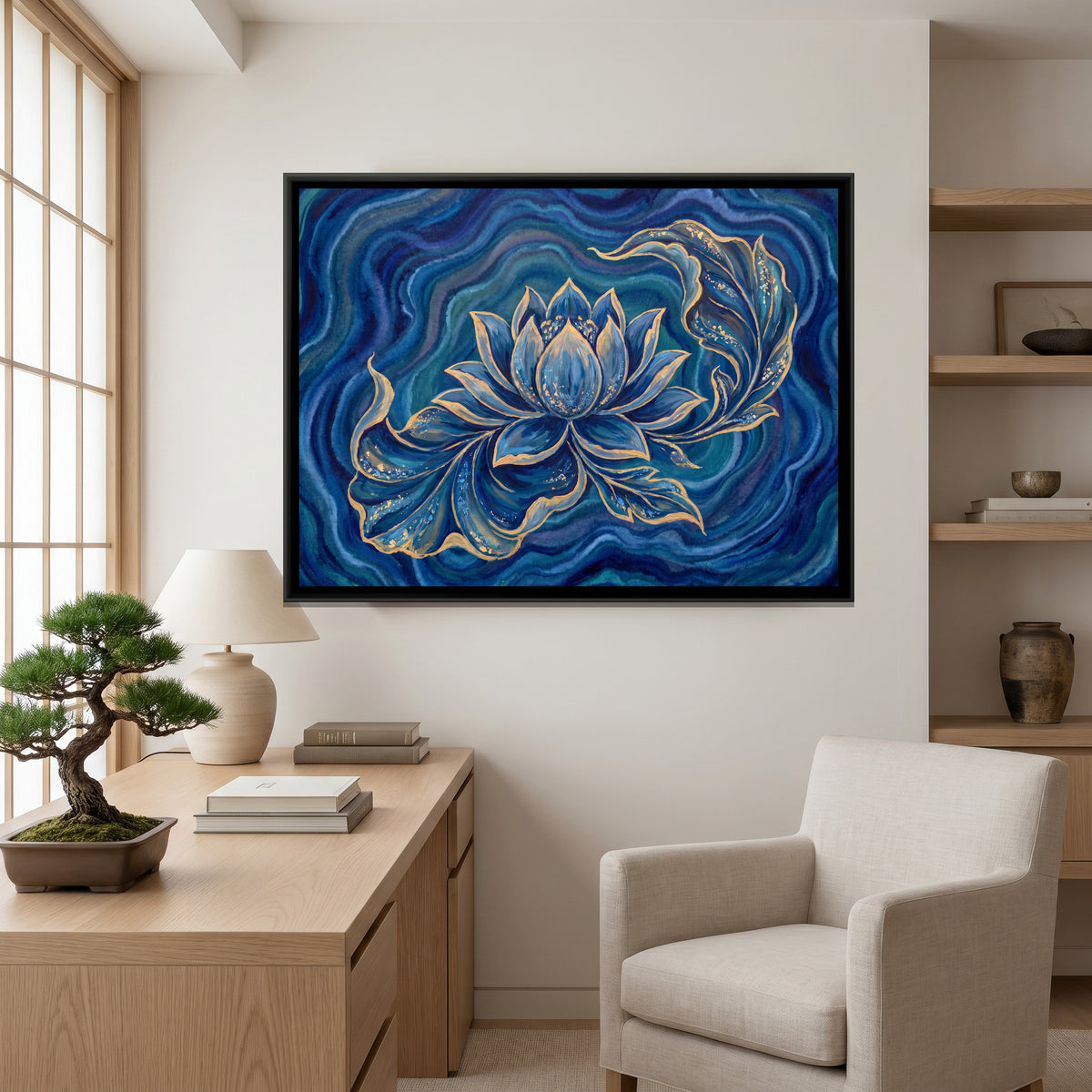 Lotus — canvas art shown in a styled room