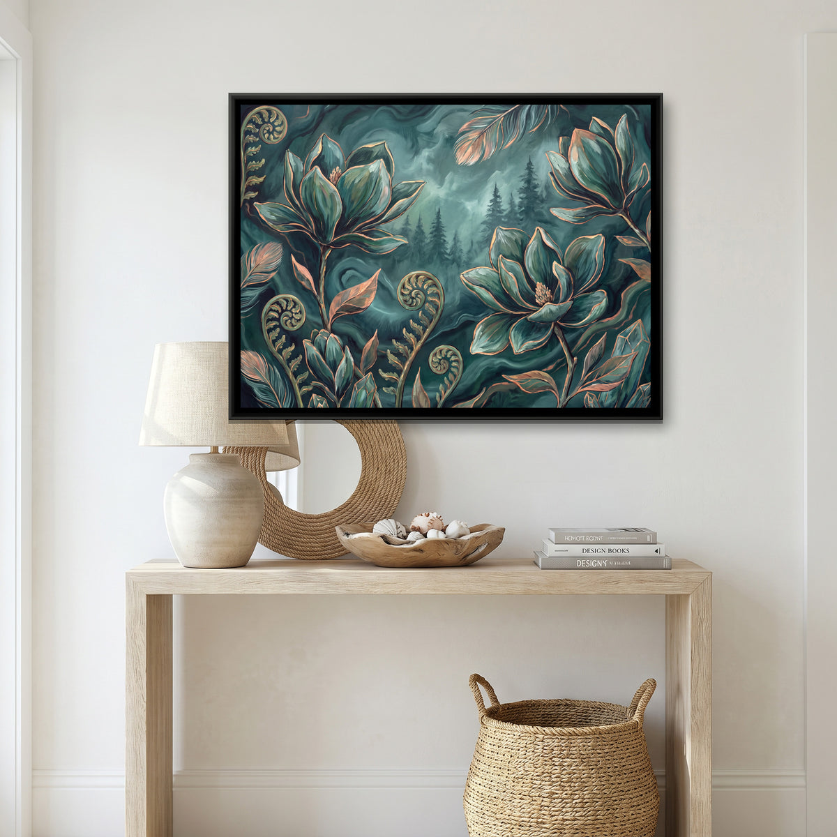 Magnolia and Ferns — canvas art shown in a styled room