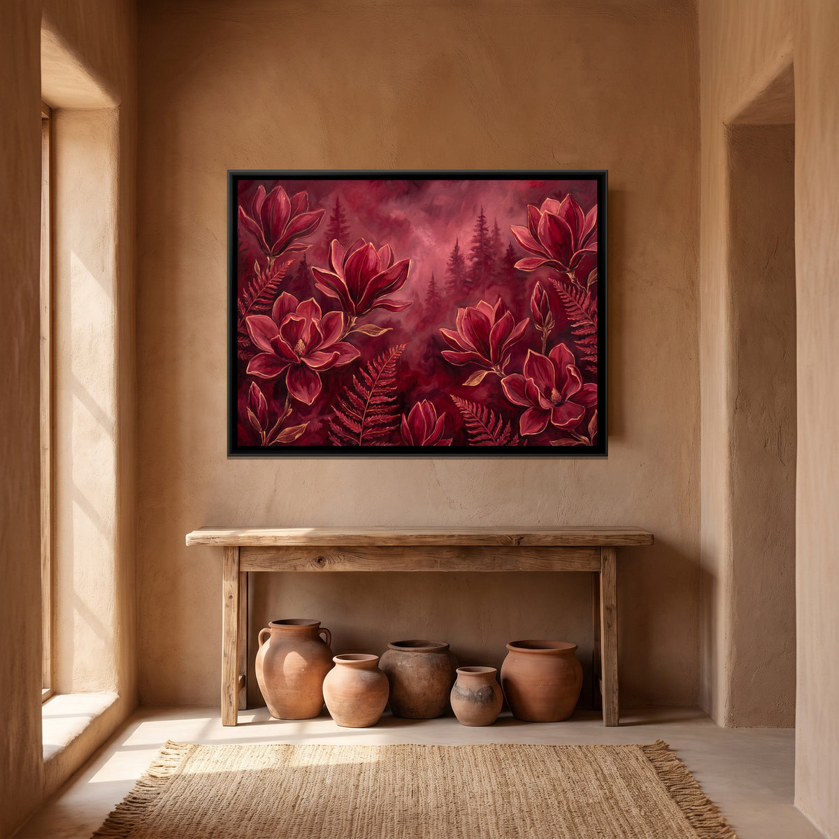 Magnolia and Ferns — canvas art shown in a styled room