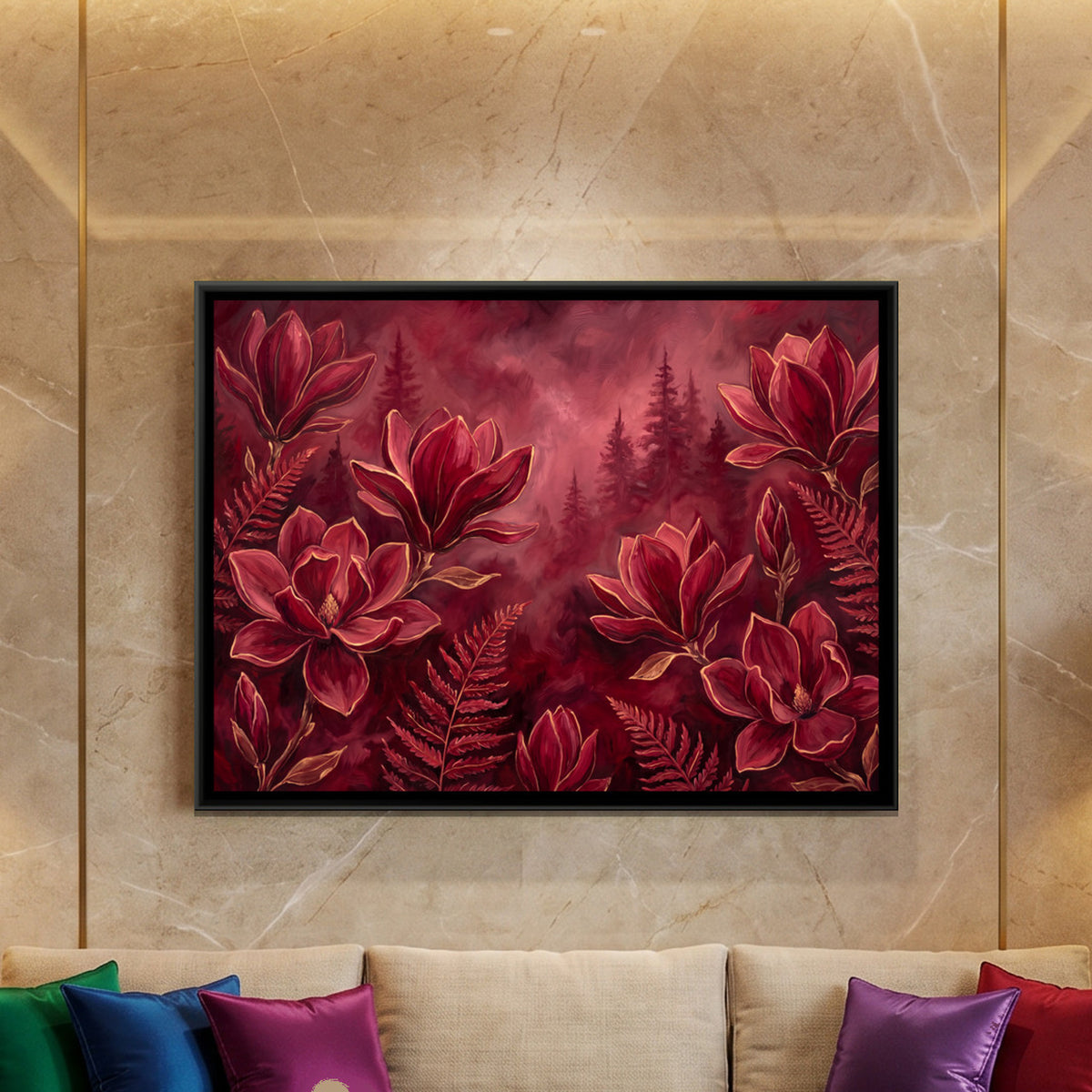 Magnolia and Ferns — framed canvas art hung on a wall