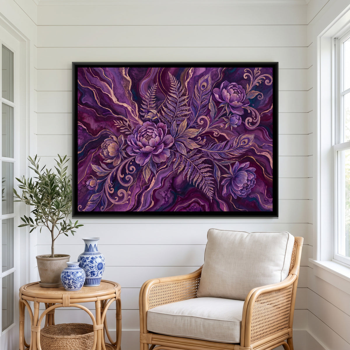 Peonies on Marble — canvas art shown in a second room setting