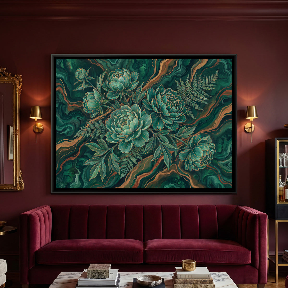 Peonies on Marble — framed canvas art hung on a wall