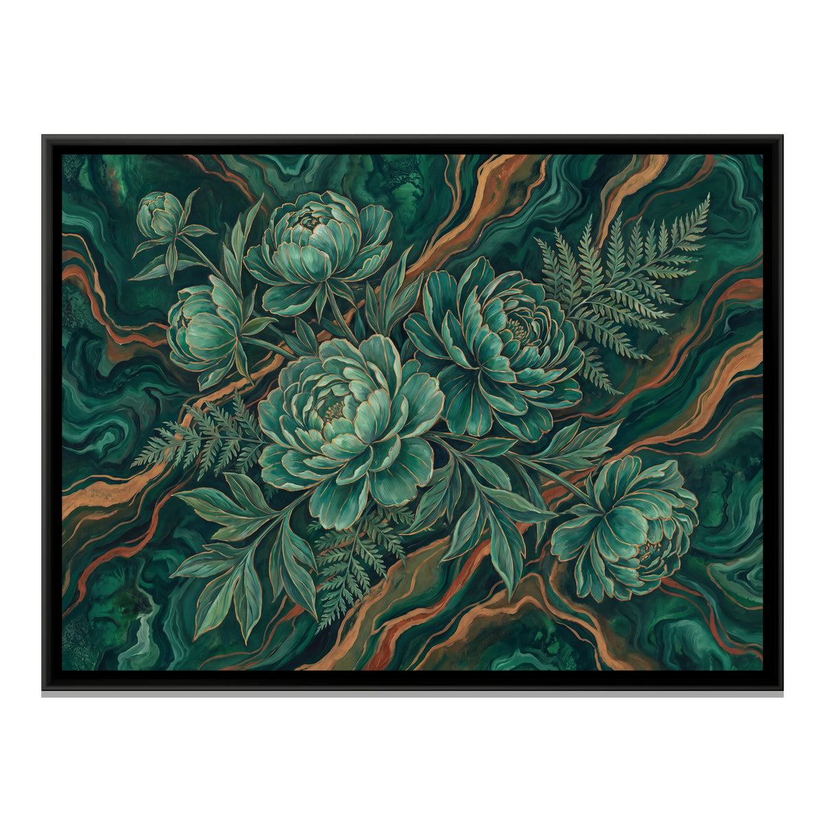 Peonies on Marble — framed canvas print, front view
