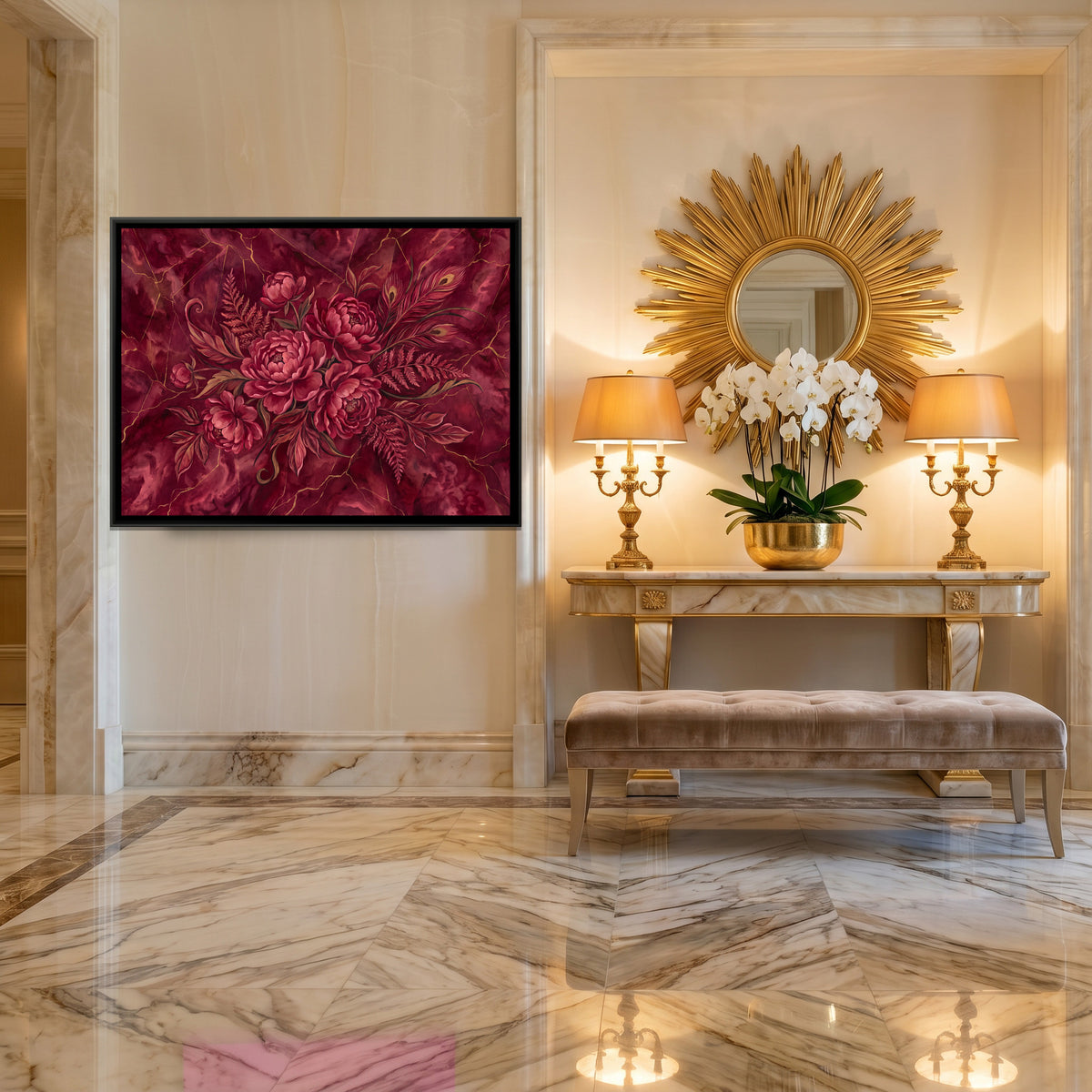 Peonies on Marble — canvas art shown in a styled room