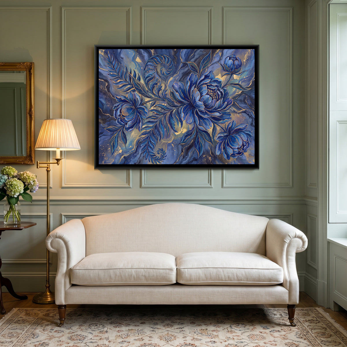Peonies on Marble — canvas art shown in a second room setting