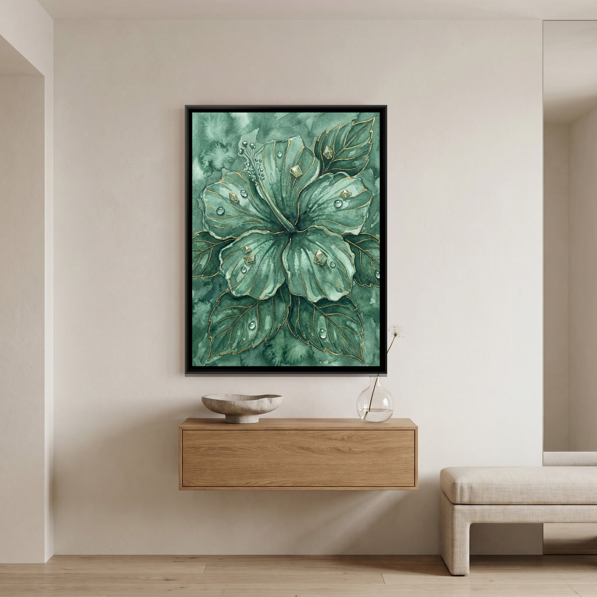 Hibiscus — canvas art shown in a second room setting