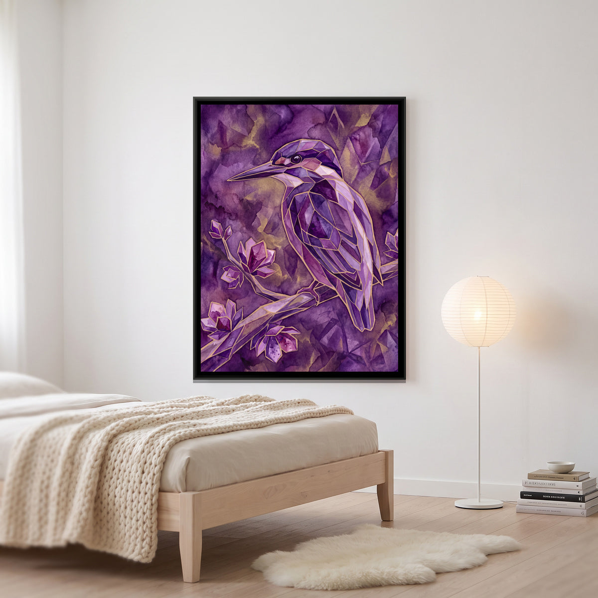 Kingfisher — canvas art shown in a styled room