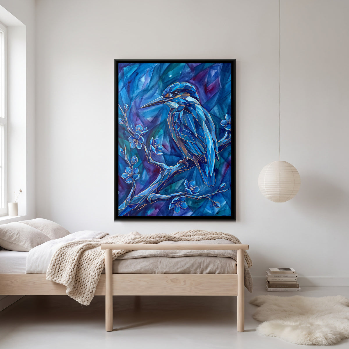 Kingfisher — canvas art shown in a styled room