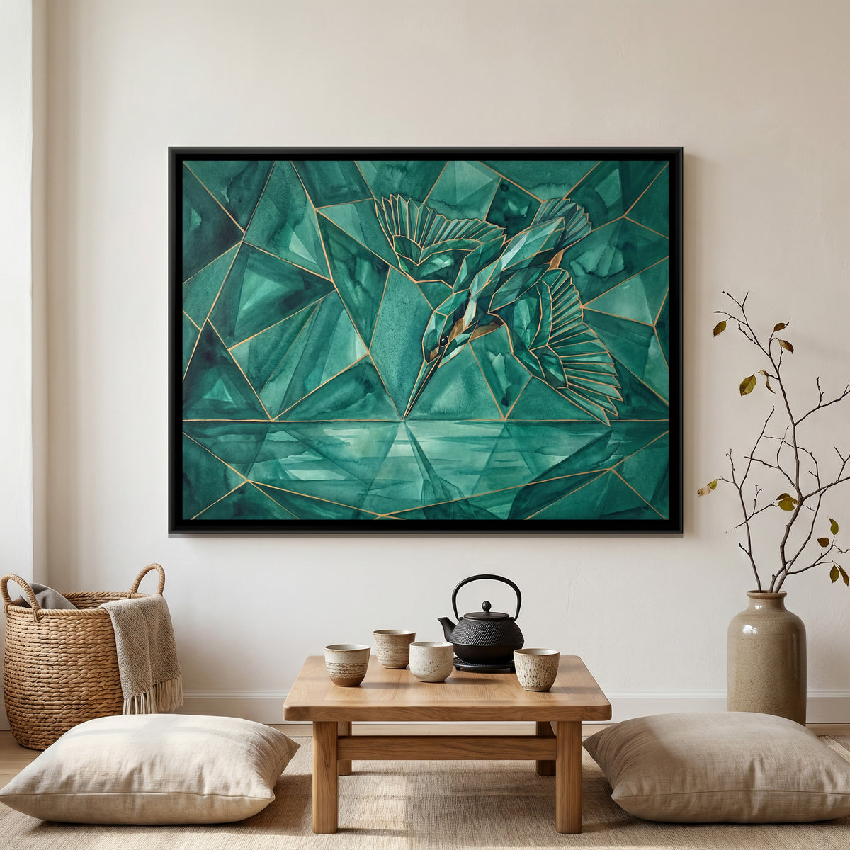 Diving Kingfisher — canvas art shown in a second room setting