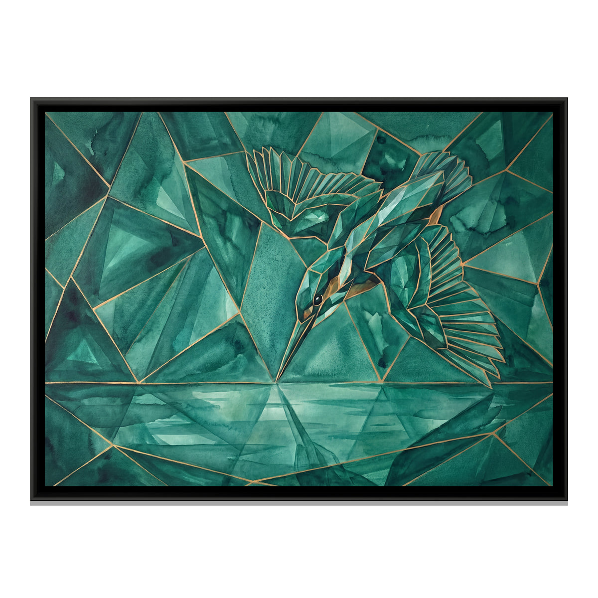 Diving Kingfisher — framed canvas print, front view