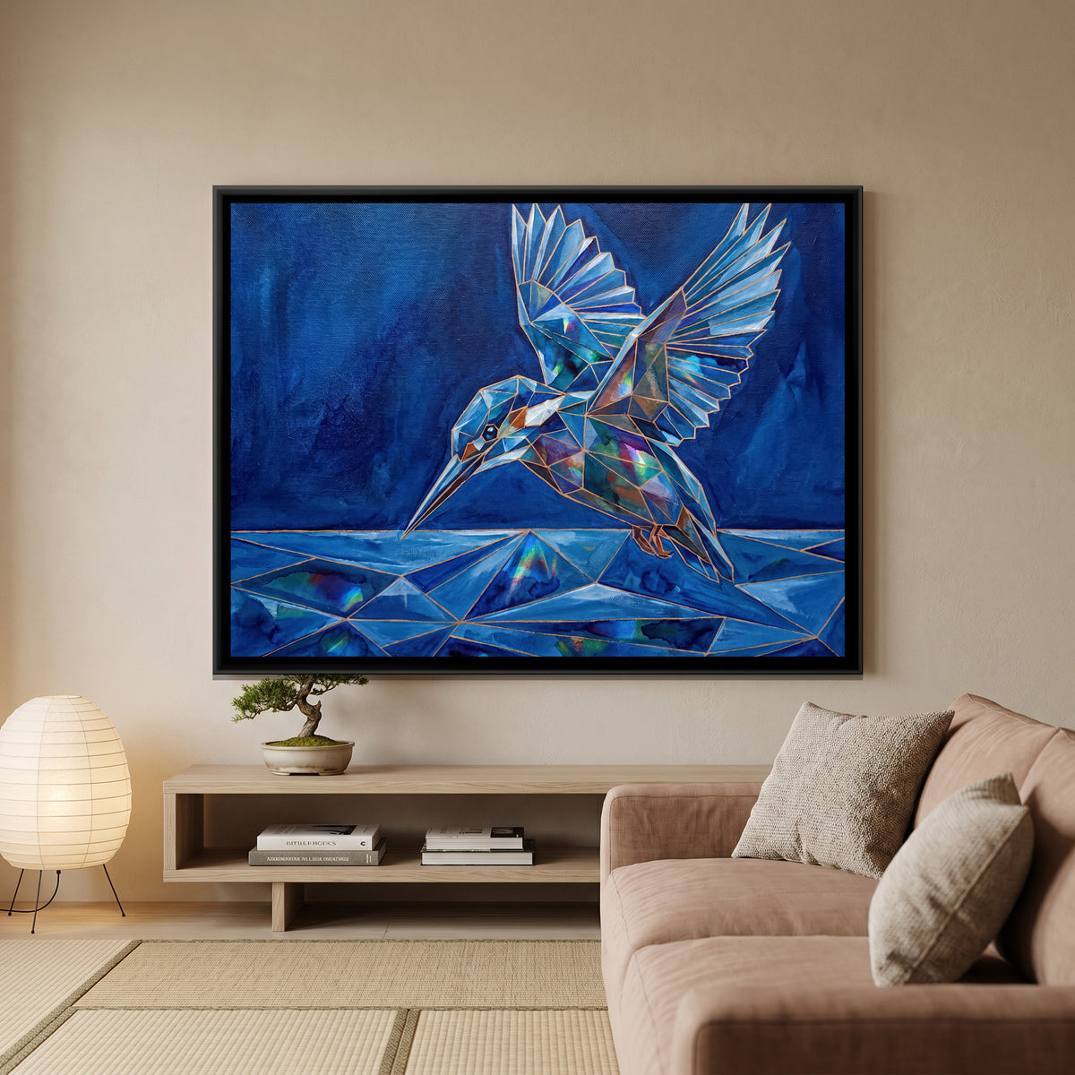 Diving Kingfisher — canvas art shown in a second room setting