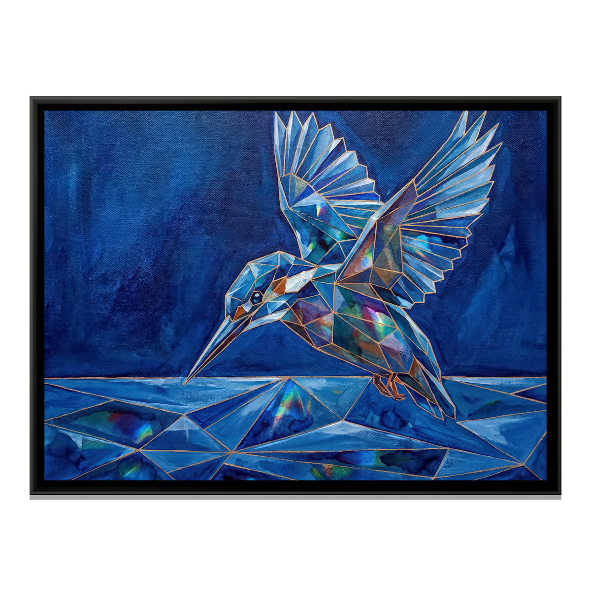 Diving Kingfisher — framed canvas print, front view